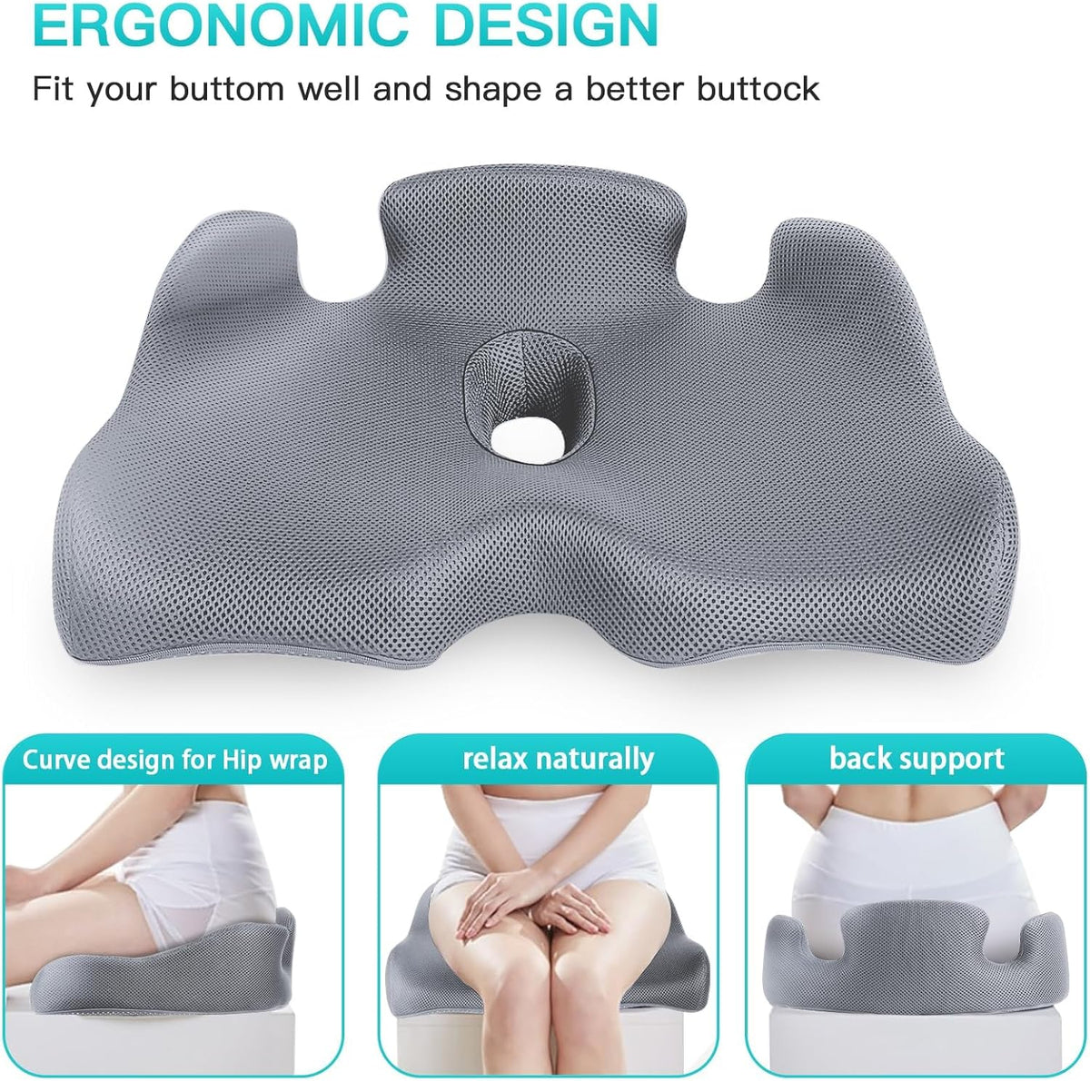 Benazcap Memory Seat Cushion for Office Chair Sciatica & Back Pain Relief Memory Foam Firm Coccyx Pad for Car, Wheelchair, Gaming Chair and Desk Chair, Gray