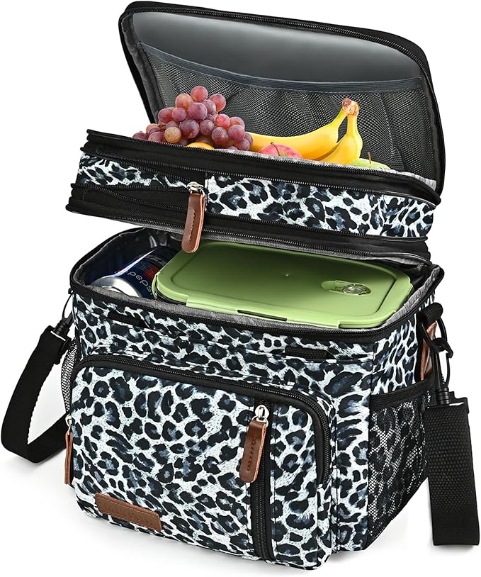MIYCOO Lunch Bag & Lunch Box for Women Men, Double Deck Leakproof Insulated Soft Large Adult Camping Cooler bag for Work, Beach, Picnic, Travel (Leopard print, 15L)