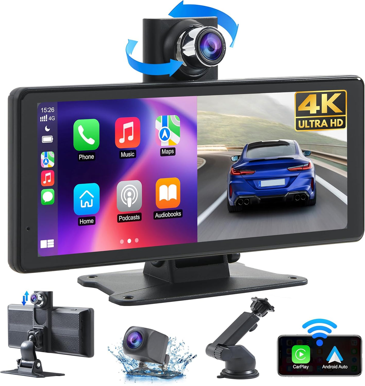 Wireless Car Stereo Carplay Screen with 4K Dash Cam, 8.1'' Portable 2K Touch Screen with 1080P Backup Camera, GPS Navigation for Car Play, Android Auto, Voice Control, Mirror Link, DVR, Bluetooth