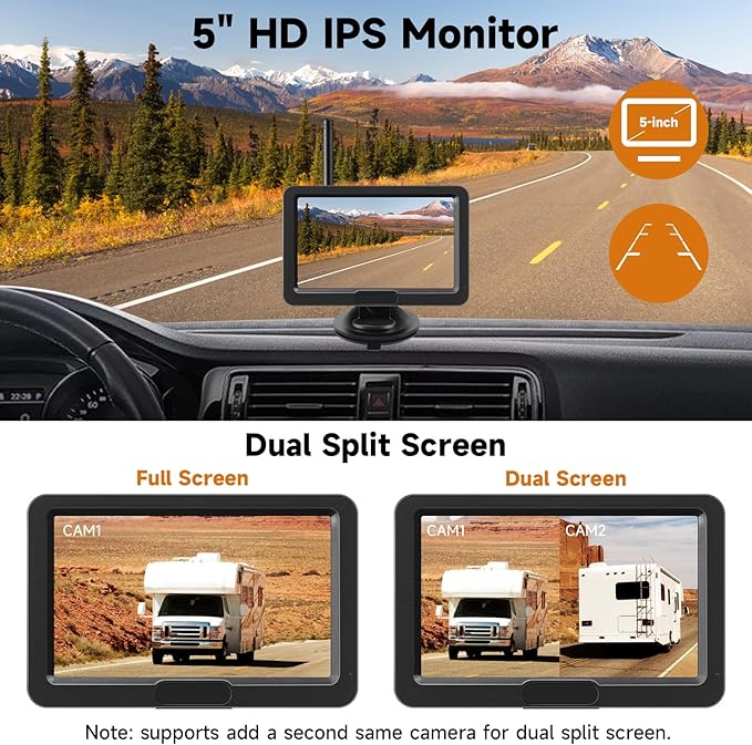 Magnetic Solar Wireless Backup Camera with 5” HD Monitor No Wiring Rechargeable Battery IP68 IR Night Vision Rearview Camera System for Car RV Truck 5th Wheels Skid Steer Horse Trailer Hitch Camera