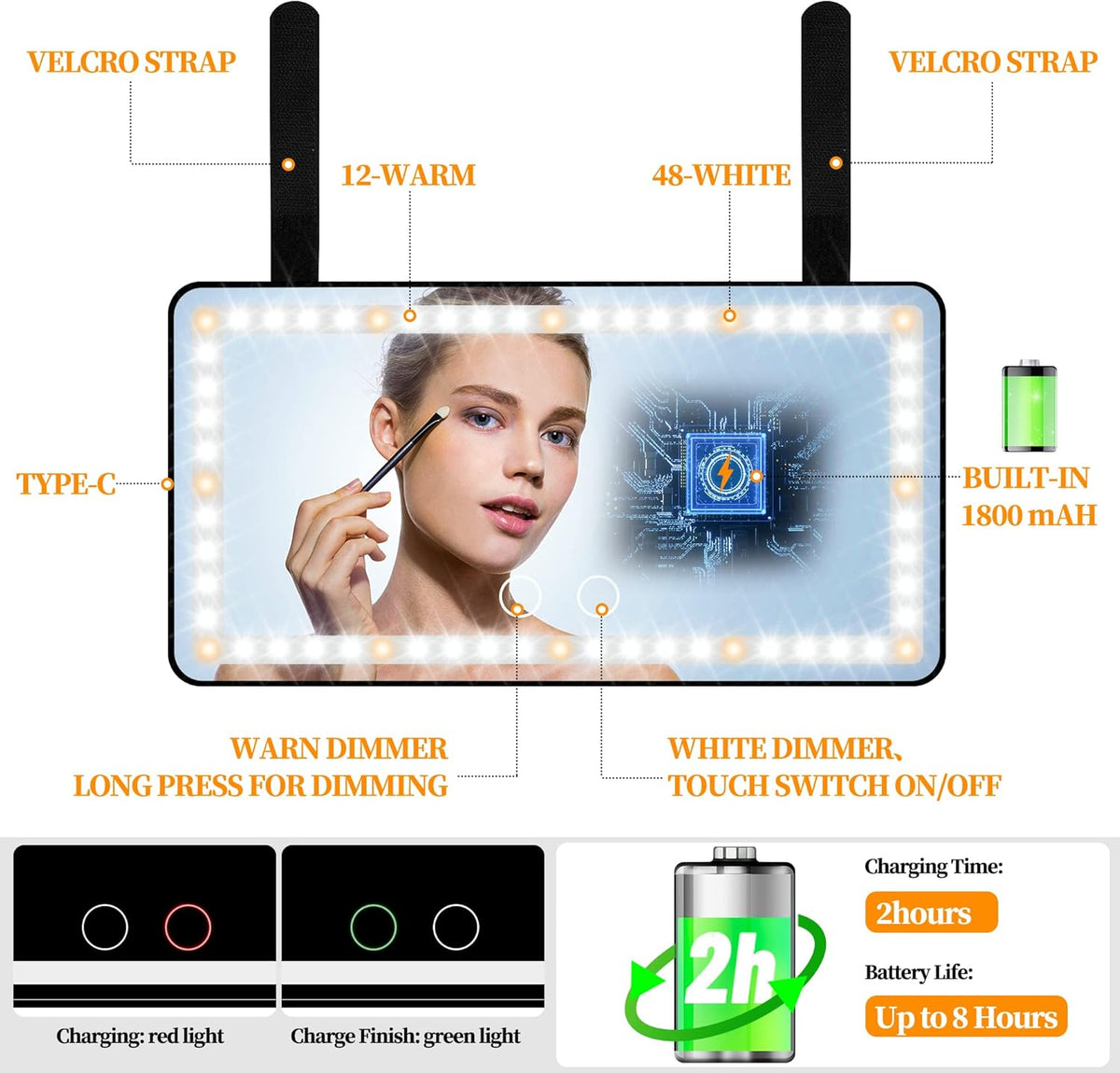 Car Sun Visor Vanity Mirror with Lights, Rechargeable Car Makeup Mirror Accessories, Birthday Gifts for Women Girl, 3 Light Modes, Dimmable Touch Led Screen, Universal for Car Truck