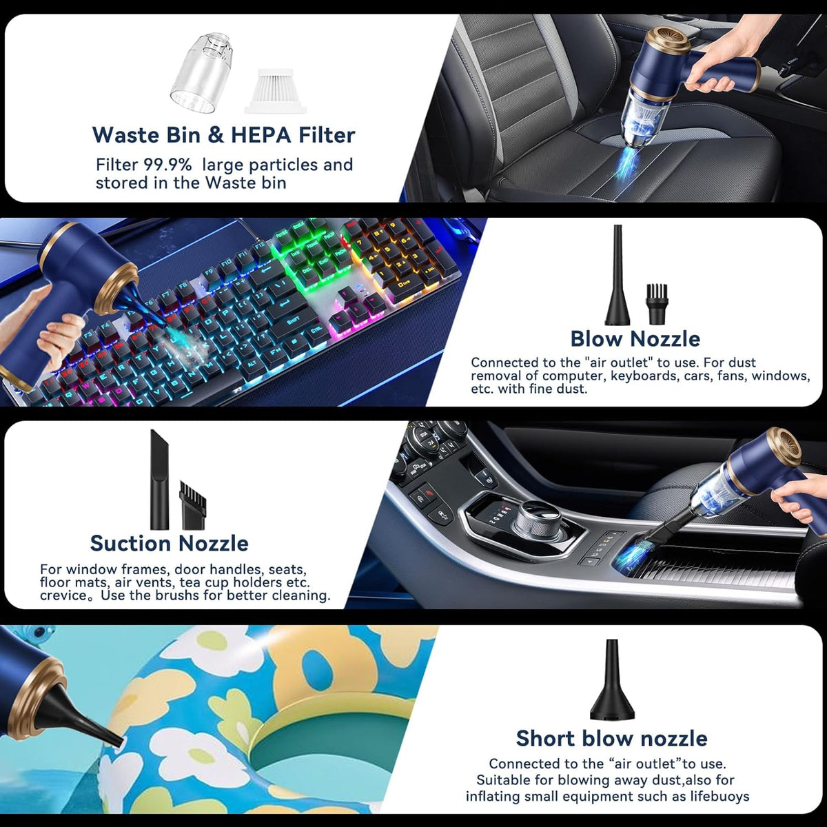 Handheld Car Vacuum Cleaner, Portable Cordless Mini Vacuums with Multi-Nozzles, High Power Dry Hand held Vacuum for Car, Computer, Sofa, Office, Pet, Home