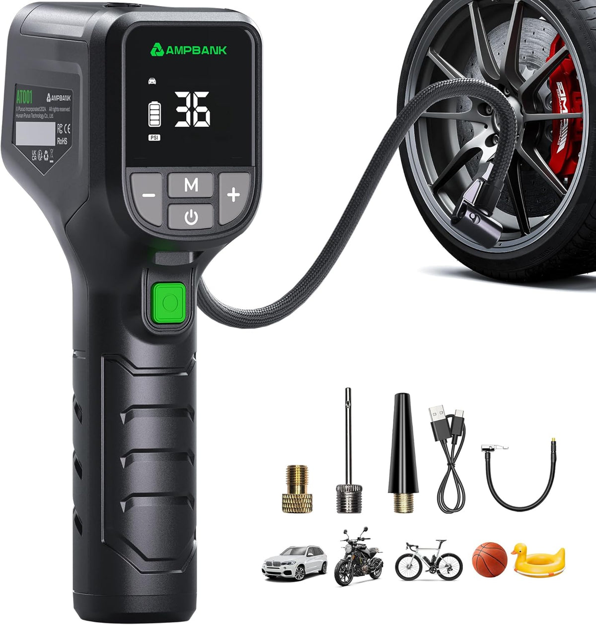 Tire Inflator Portable AMPBANK AT001, Portable Tire Inflator for Car with Pressure Gauge,Auto Air Pump150 PSI, Portable Air Compressor with LED for Car Tires, Motorcycle, SUV, Bicycle, Balls and more