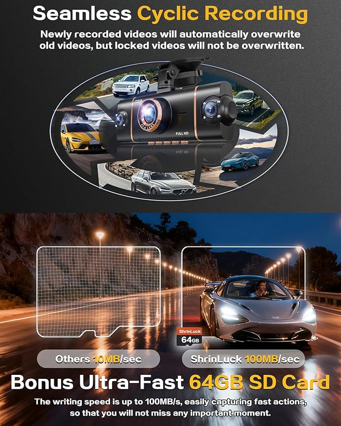 4 Channel 360° Dash Cam Front Rear Inside & Left Right,4K+1080P*3 FHD Car Camera,5GHz WiFi & App Control,8 IR Lamps Night Vision,24H Parking Mode,G-Sensor,Loop Recording,Includes 64GB SD Card（Black）