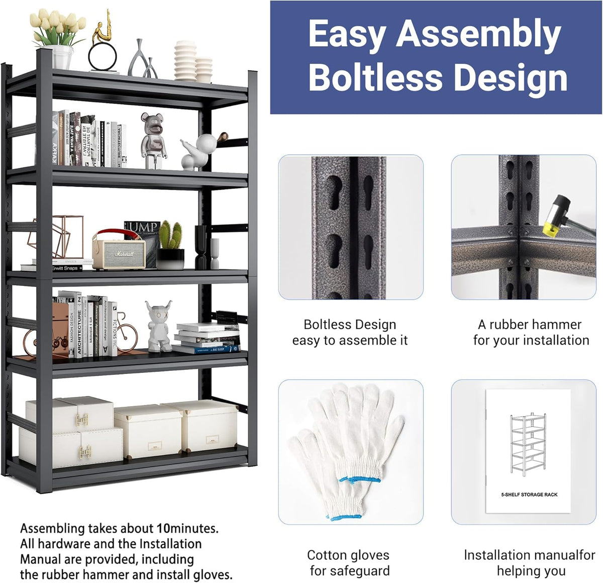 TOPKEY Metal Storage Shelf Garage Storage Shelves, Heavy Duty 5-Tier Utility Shelves for Garage, Kitchen, Warehouse, Adjustable Basement Storage Rack, Load 2500LBS, 72" H x 47.2" W x 23.6" D