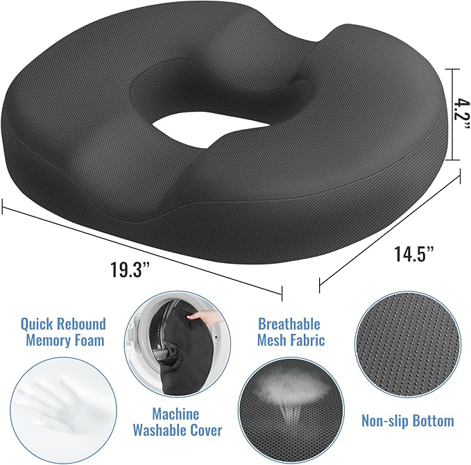 CloudBliss Donut Pillow Seat Cushion Chair Pad for Tailbone Pain Relief and Hemorrhoids, Memory Foam Seat Chair Cushion for Men and Women for Home & Office, (Grey-2XL)