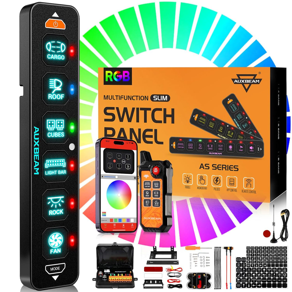 Auxbeam 6 Gang Slim Switch Panel Bluetooth RGB AS-600 with APP&Remote Control Toggle Momentary Pulsed Switch Pod Off Backlight for Truck Offroad UTV ATV Car Marine 12-24V Waterproof, 2 Years Warranty