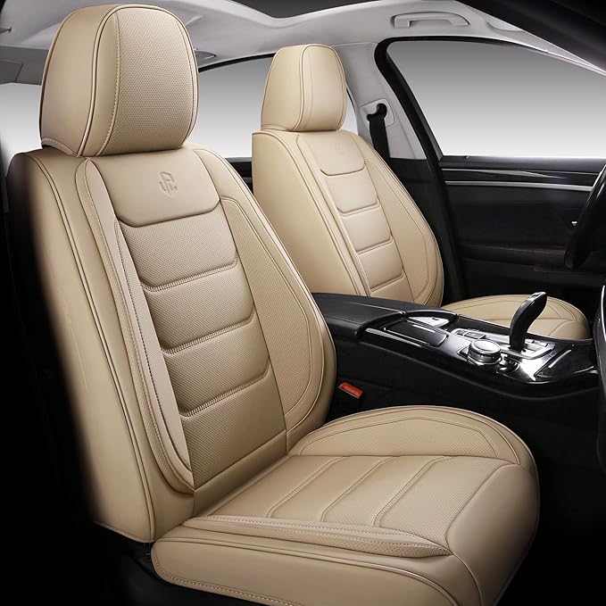 Full Coverage Faux Leather Car Seat Covers Full Set,Automotive Seat Covers for Cars,SUVs Pick-up Truck, Car Seat Cushion, Beige Seat Covers for 5 Seats,Car Seat Protector