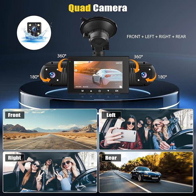 4 Channel 360° Dash Cam Front and Rear Inside Left Right,3 Inch 1080P Dash Camera for Cars Car Camera with IR Night Vision,Loop Recording,G-Sensor,Parking Assistance,24H Parking Monitor
