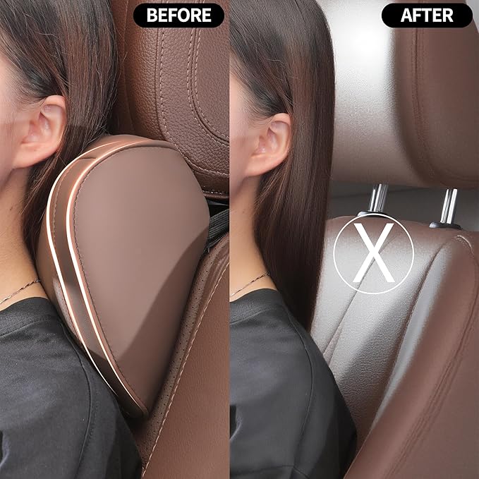 Car Headrest Pillow Memory Foam Breathable Removable Leather Cover Premium Seat Support Head Neck Cushion for Driving Traveling Home Office, Brown, 1 Pack
