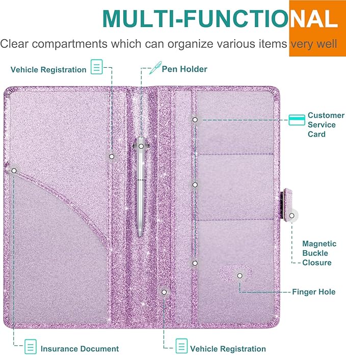 RSAquar Car Registration and Insurance Holder, Vehicle Car Glove Box Organizer, Cool Car Accessories for ID, Driver License Cards & Essential Document, Men&Women, Purple Glitter