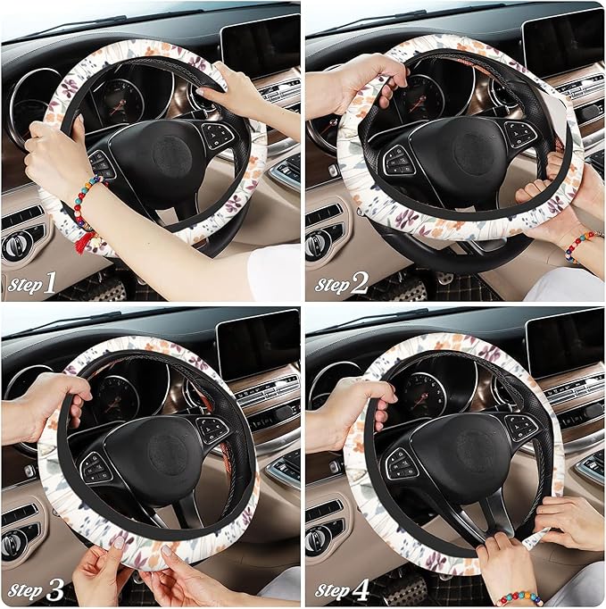 Watercolor Wildflowers Car Steering Wheel Cover, Non-Slip Absorbing Sweat Car Wheel Cover Accessories for Men Women,Universal 15" Fit Auto SUV Vans Trucks