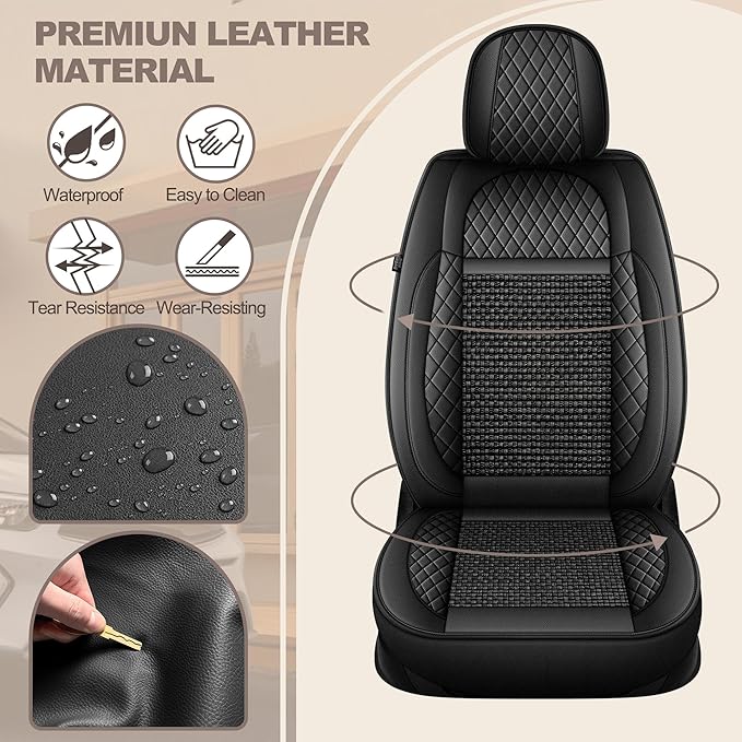 TTX LIGHTING for Nissan Maxima 2011-2023 Car Seat Covers, Breathable Ice Silk & Leather Seat Protector, Cool & Anti-Sweat for Long Driving, Airbag Compatible, 2 Front Seats (Black)