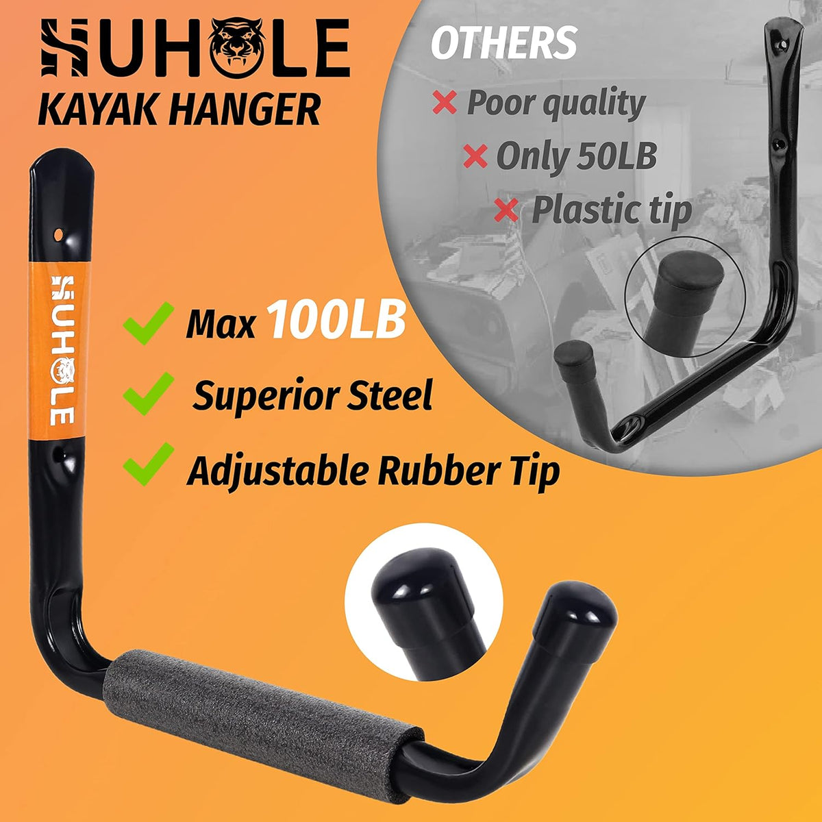 HUHOLE Heavy Duty Garage Ladder Hooks, 4PC, Black Wall Mount Ladder Hangers with 13.6" Jumbo Arm