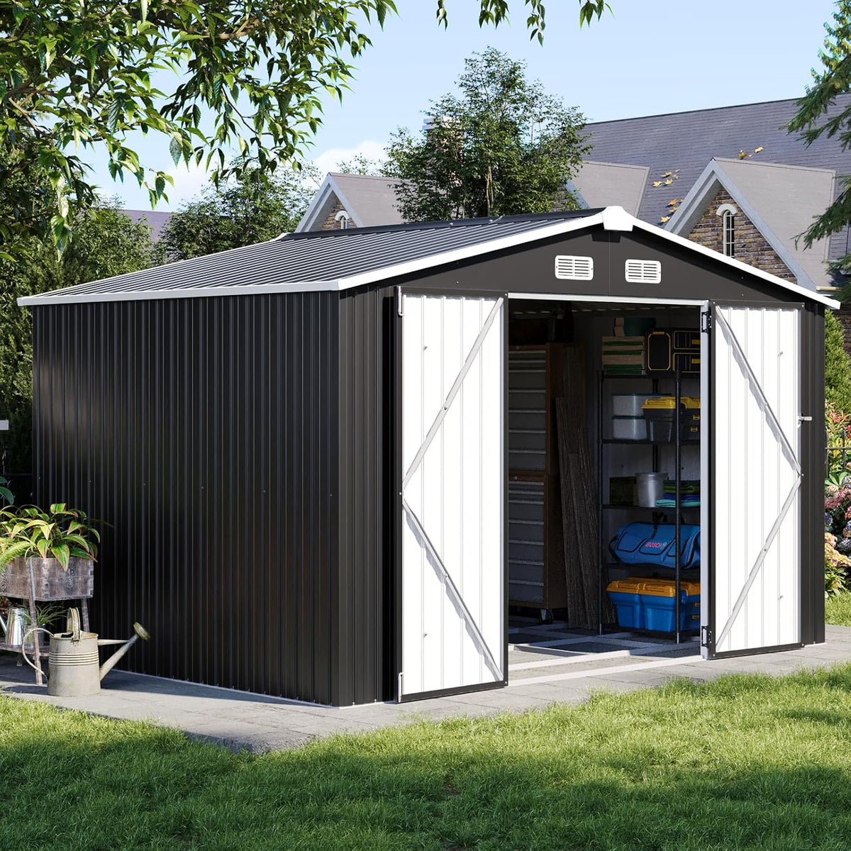 Aoxun 9.4x7.3x6.5 FT Outdoor Storage Shed with Base Outdoor Metal Shed for Tool, Garden, Bike, Placed in Patio, Garden Base Included (Black)