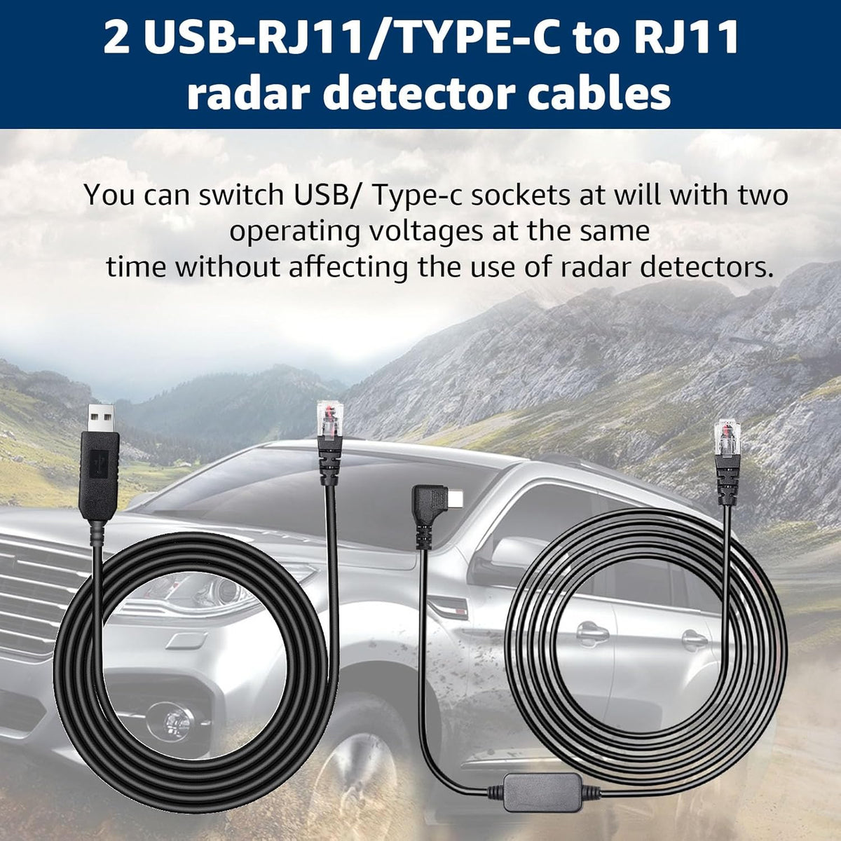 USB-C to RJ11 & USB to RJ11 Radar Detector Cables, 6.56Ft Each, Compatible with Escort, Uniden, Beltronics, Cobra, Radenso XP & More (Premium Replacement Power Cords)