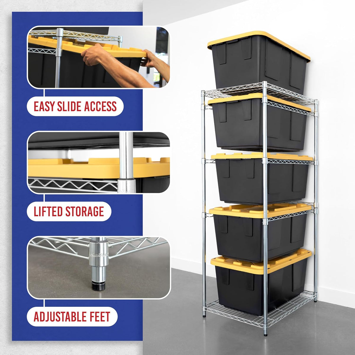SafeRacks 5-Tier Steel Tote Rack WS-BR27 - Maximize Space, Declutter, NSF Certified, Bin Storage for Garage, Pantry, Kitchen, 31" x 23" x 68" (Silver, 1 Pack)