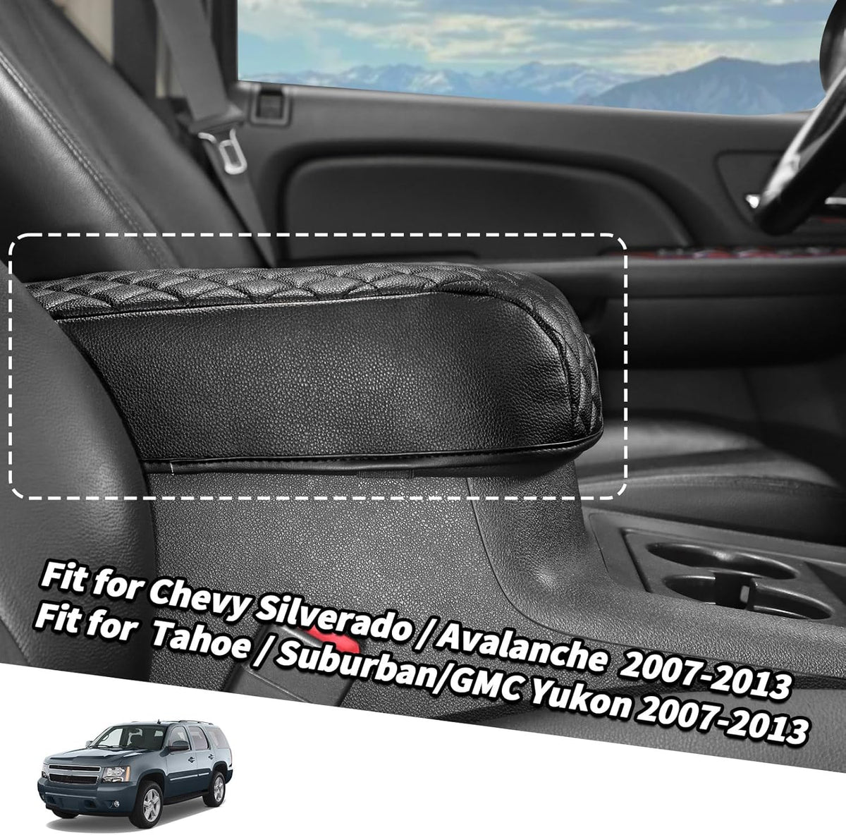 Jimen Car Center Console Cover Pad Fit for Chevy Silverado/Avalanche/Tahoe/Suburban 2007-2013, Leather Armrest Cover Fit for GMC Yukon 2007-2013 (Black)