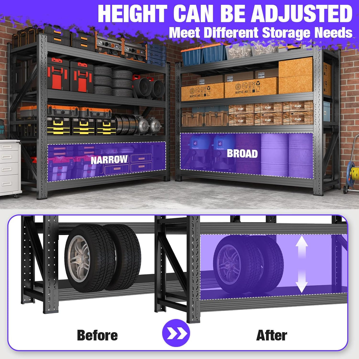 Metal Garage Shelving Unit, Heavy Duty 4-Tier Adjustable Storage Rack, 6000 LBS Loads Industrial Utility Shelves for Garages, Warehouses, Kitchen, Black, 63" W x 24" D x 63" H
