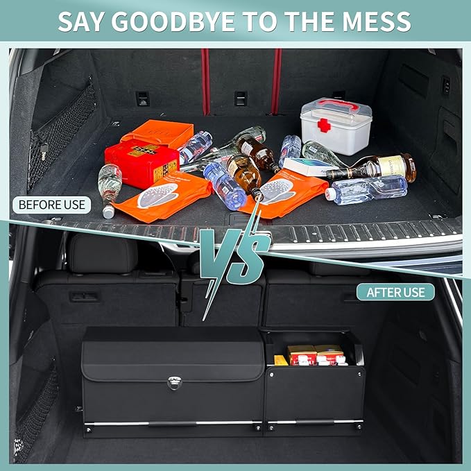 Car Trunk Organizer, Collapsible Leather Car Trunk Storage Organizer with Lid and Sturdy Handle Car Organizer and Storage for SUV, Truck, Sedan (Black, 36.2 x 11.4 x 12.2in)