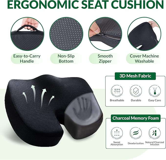 Seat Cushion & Adjustable Lumbar Support Pillow Set,Charcoal Memory Foam for Sciatica,Back & Tailbone Pain Relief,Washable Cover & Non-Slip,Ergonomic for Office Chair,Car,Wheelchair -Black