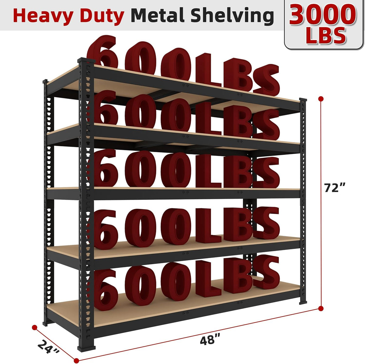 4 Packs 48" W x 24" D x 72" H Adjustable Garage Storage Shelves - 5-Shelf Heavy Duty Shelving Unit, Metal Utility Storage Organizer Racks for Warehouse Pantry Closet Kitchen, Black