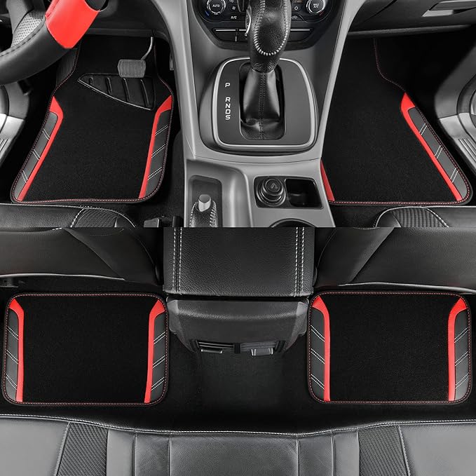 CAR PASS Leather Steering Wheel Cover and Waterproof Car Floor Mats,Microfiber Universal Car Combo Fit for 95% Sedan,SUV,Cars,14.5-15inch Sporty Anti-Slip Safety Comfortable Design(Black＆Red)
