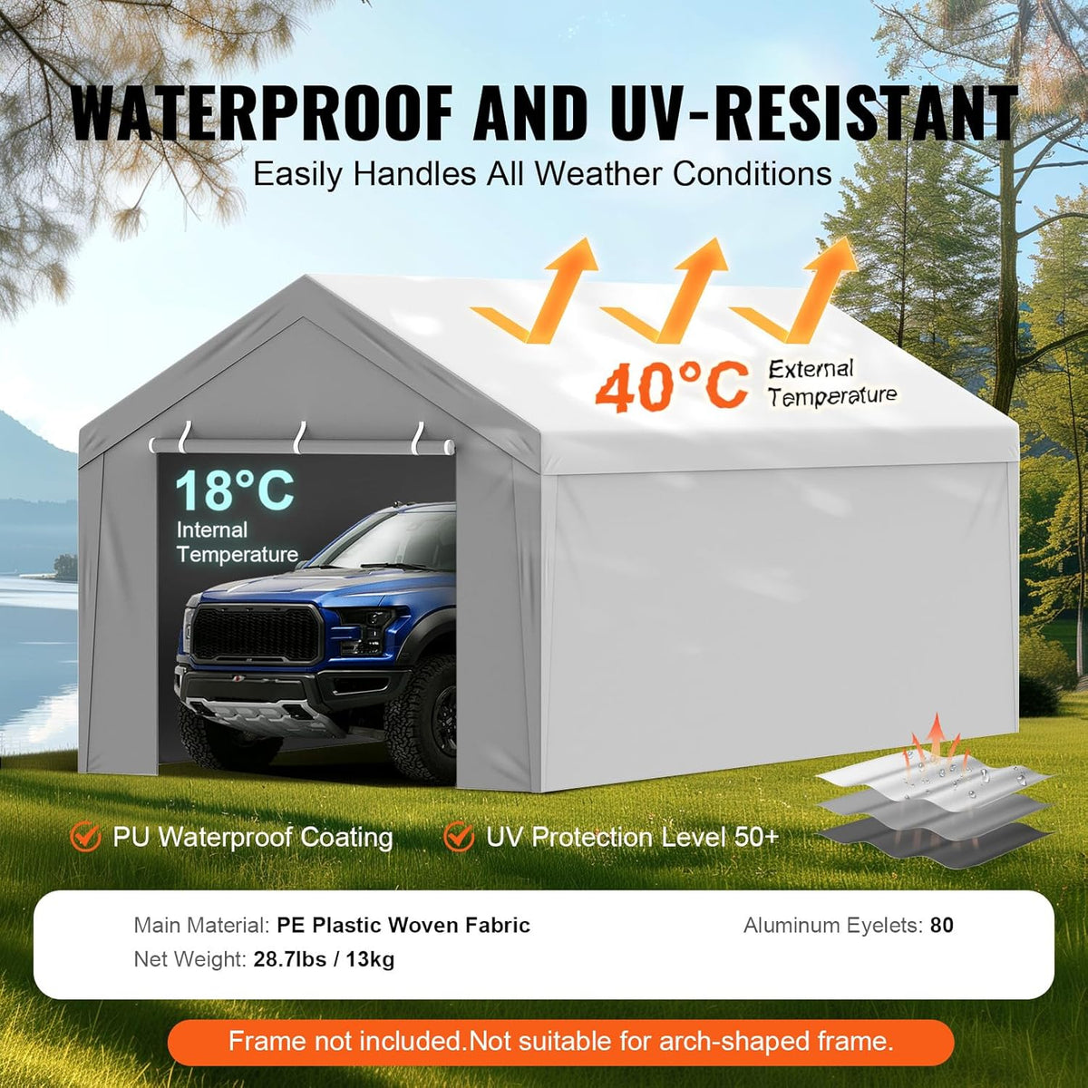 VEVOR Carport Replacement Canopy Cover Top + Side Wall 10 x 20 ft, Garage Tent Shelter Tarp Heavy-Duty Waterproof & UV Protected, Easy Installation with Ball Bungees,Grey (Frame Not Included)