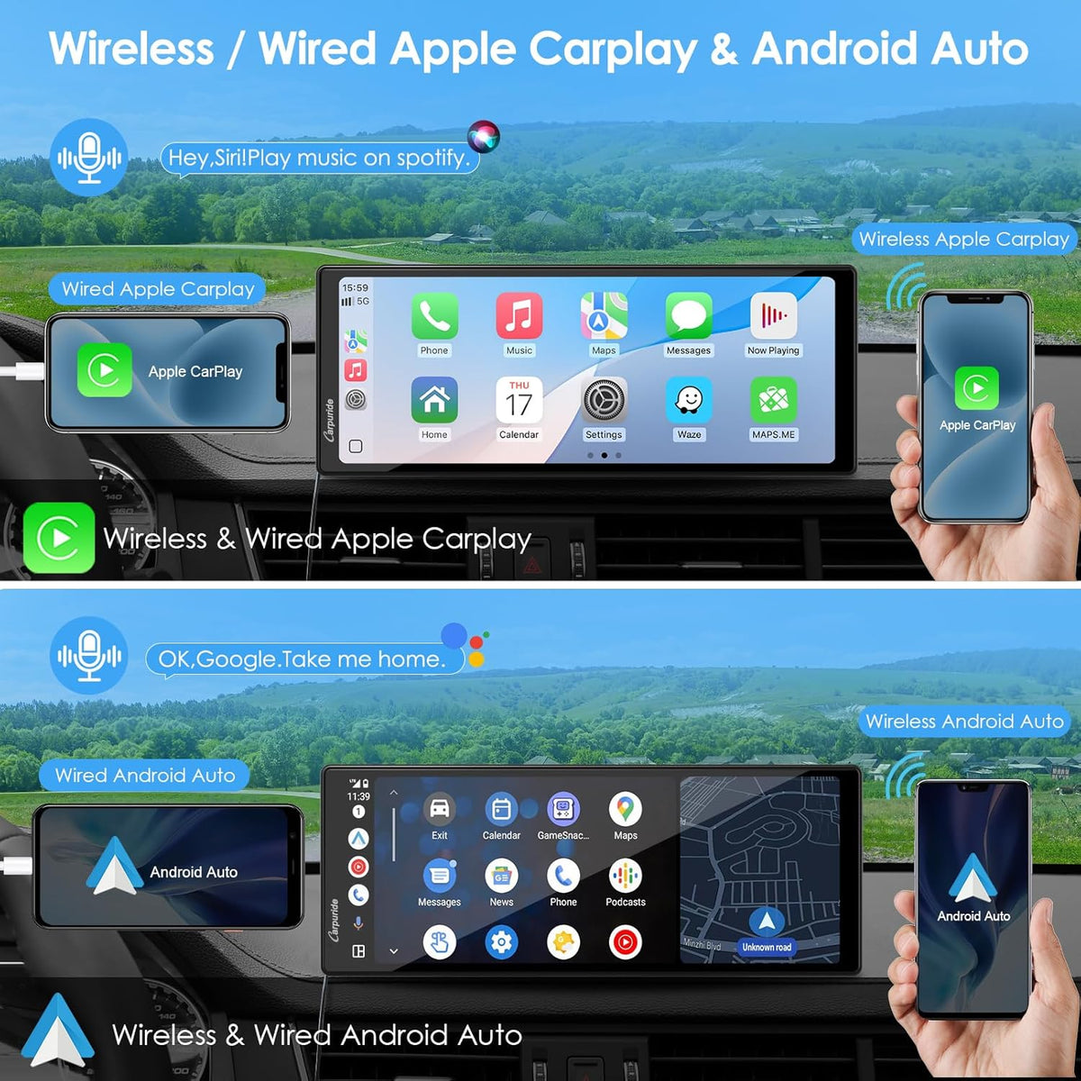 CARPURIDE 10.26 Inch Wireless/Wired Apple CarPlay, Android Auto and Mirror Link - 1600 * 600 IPS Touch Screen Portable Car Stereo, Bluetooth Audio, Siri, Navigation Car Screen for All Vehicles