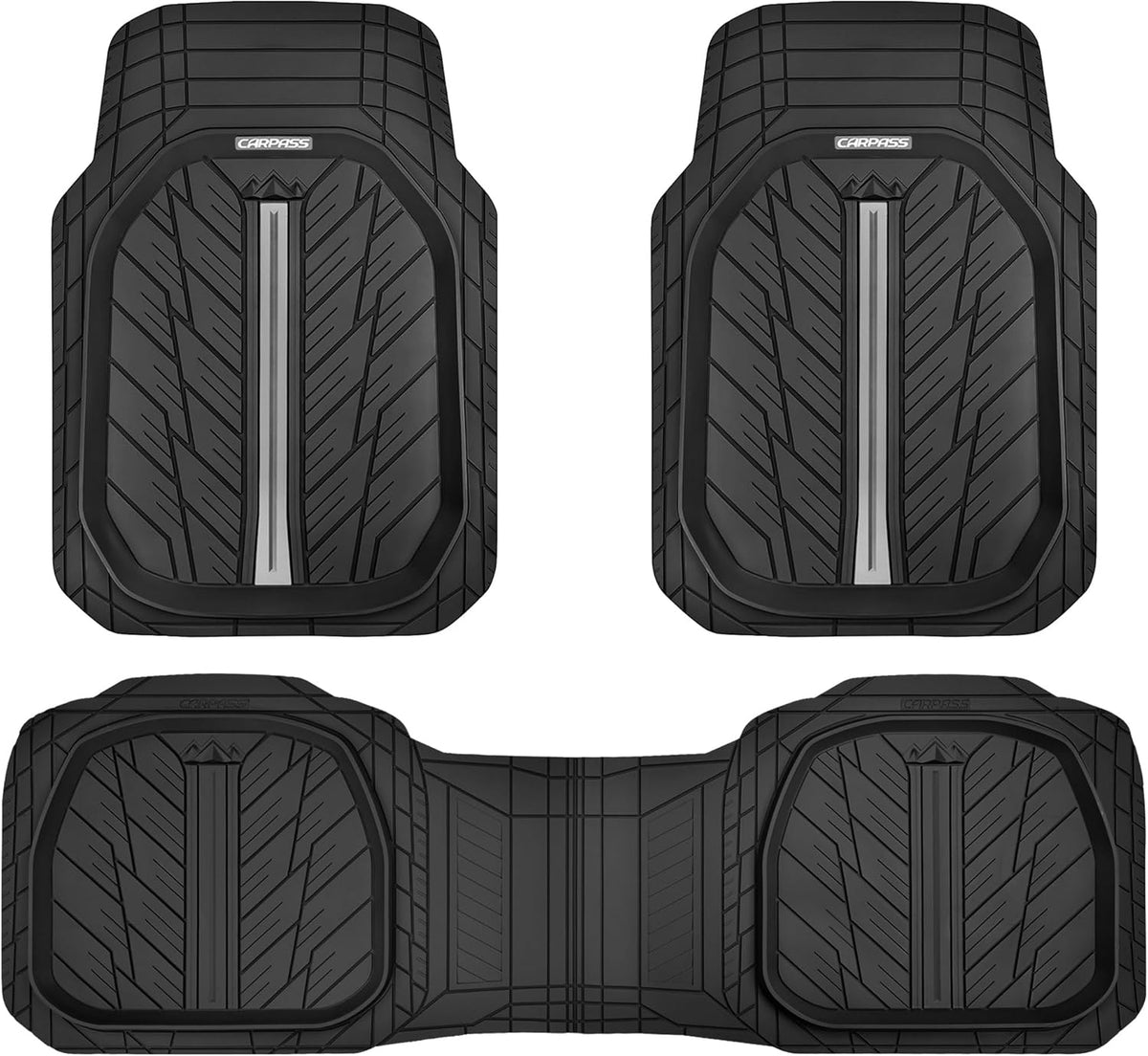 CAR PASS Tire Tread DeepDish Rubber Floor Mats for car Heavy Duty car mats All Weather, Universal XL~M Trim to Fit for Truck SUV Vehicle Automotive, Waterproof car mats 3 Piece(Gray Black)