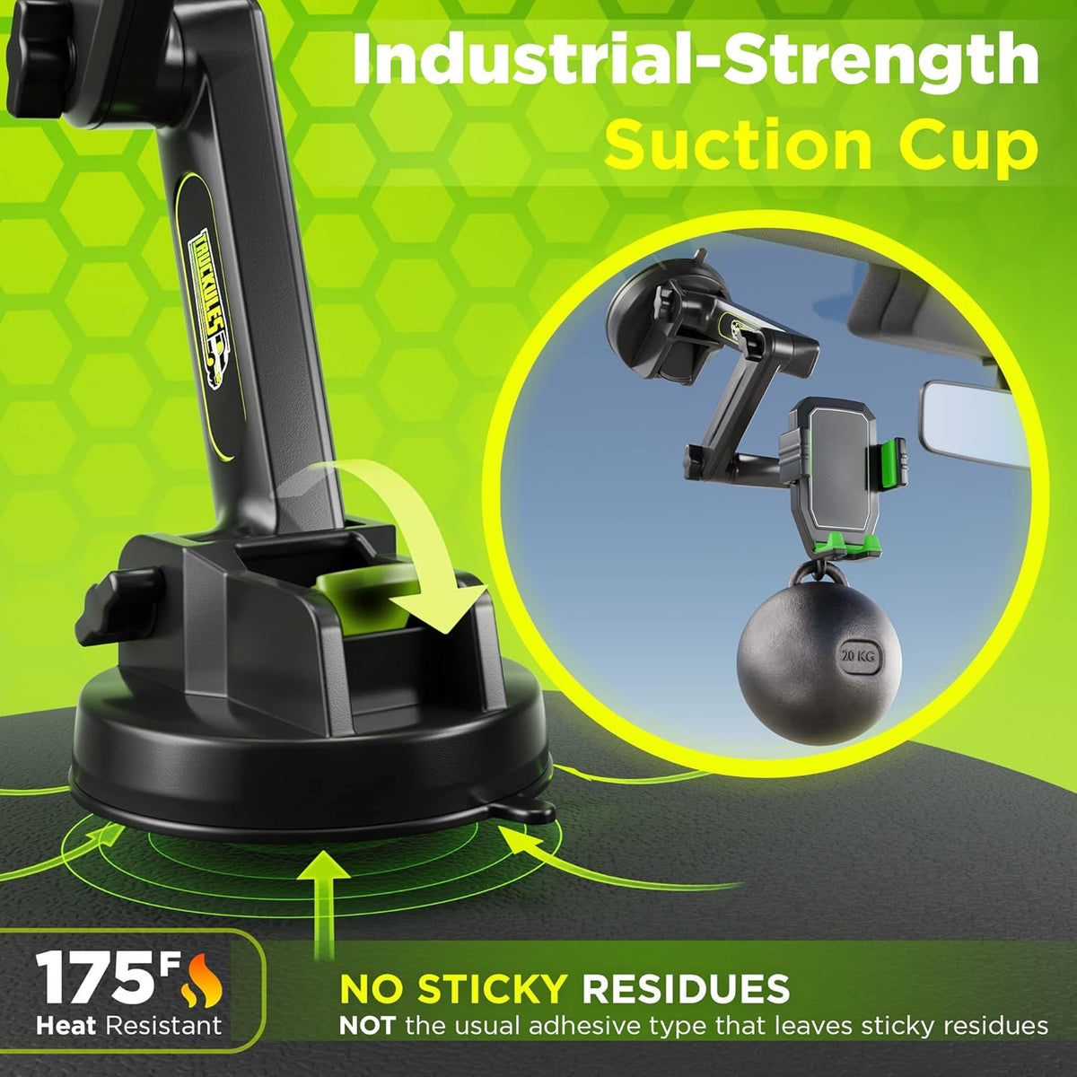 Phone Mount for Truck Phone Holder for Truck - Heavy Duty Super Suction Cup, Mobile Device Holder Dashboard Window 16.9 inch Long Arm & Stable, iPhone & Samsung Compatible, Commercial Trucker, Green