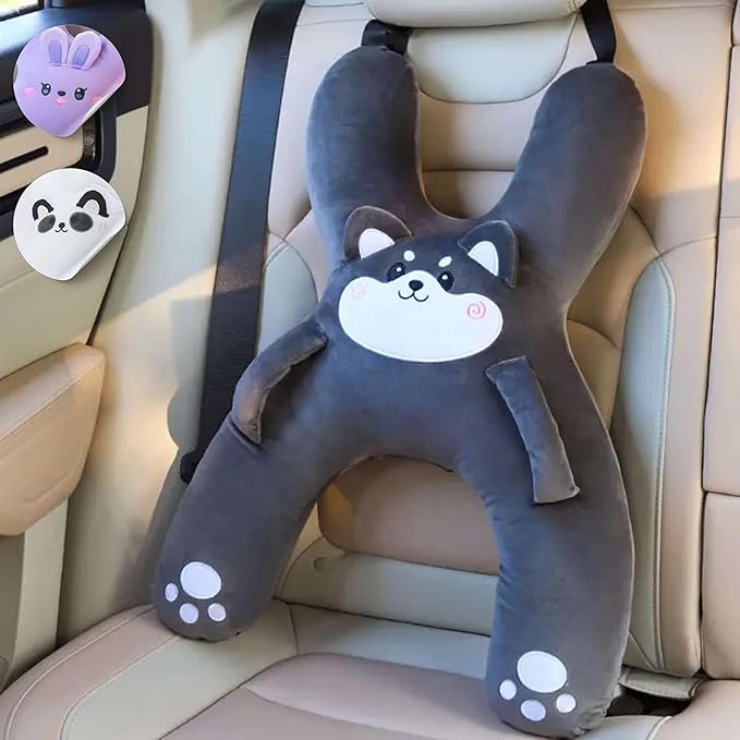 Kids Car Sleeping Pillow - X-Shaped Plush Animal for Neck & Back Support - Hands & Seat Belt Slot - Machine Washable & Compressible - Perfect for Car, Plane, Train, Boat & More - Grey