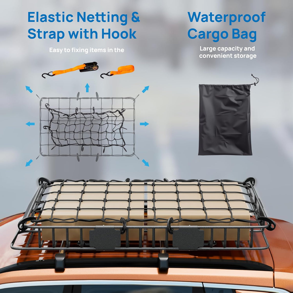 TUFFIOM 250lbs 64 x 39 x 6 inch Extendable Roof Top Cargo Carrier Basket w/Net+Storage Bag+Footrest+Straps, Heavy Duty Rooftop Luggage Holder Steel Rack for SUV Car Truck Van Travel Camping