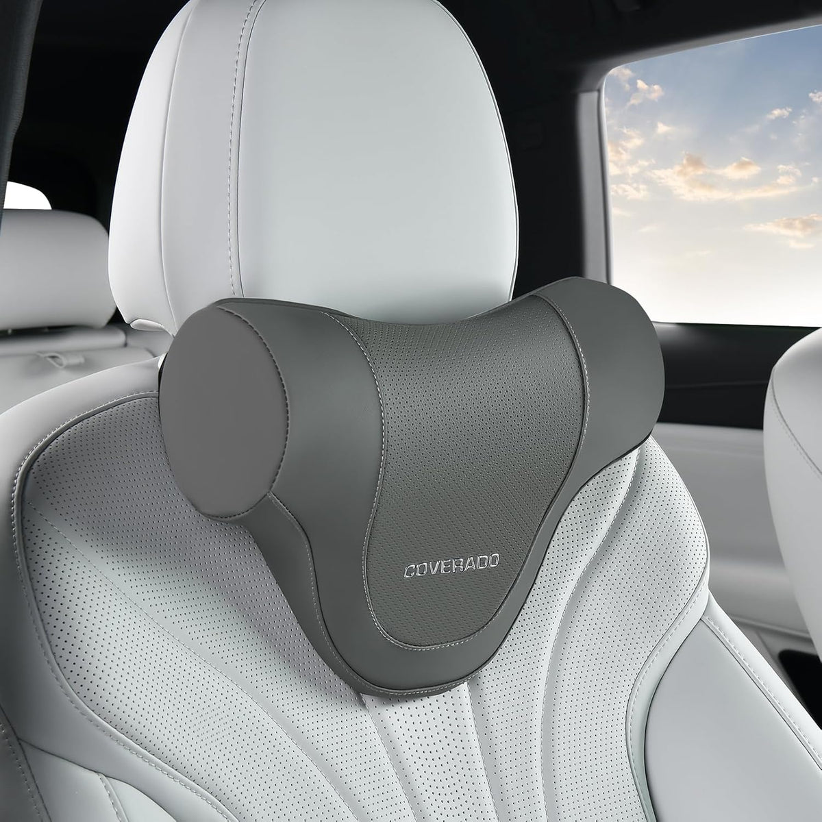 Coverado Car Headrest Pillow, Ergonomic Memory Foam Car Neck Pillow for Driving Seat with Adjustable Strap, Soft PU Leather Breathable Removable Cover Neck Support for Neck Pain Relief - Gray