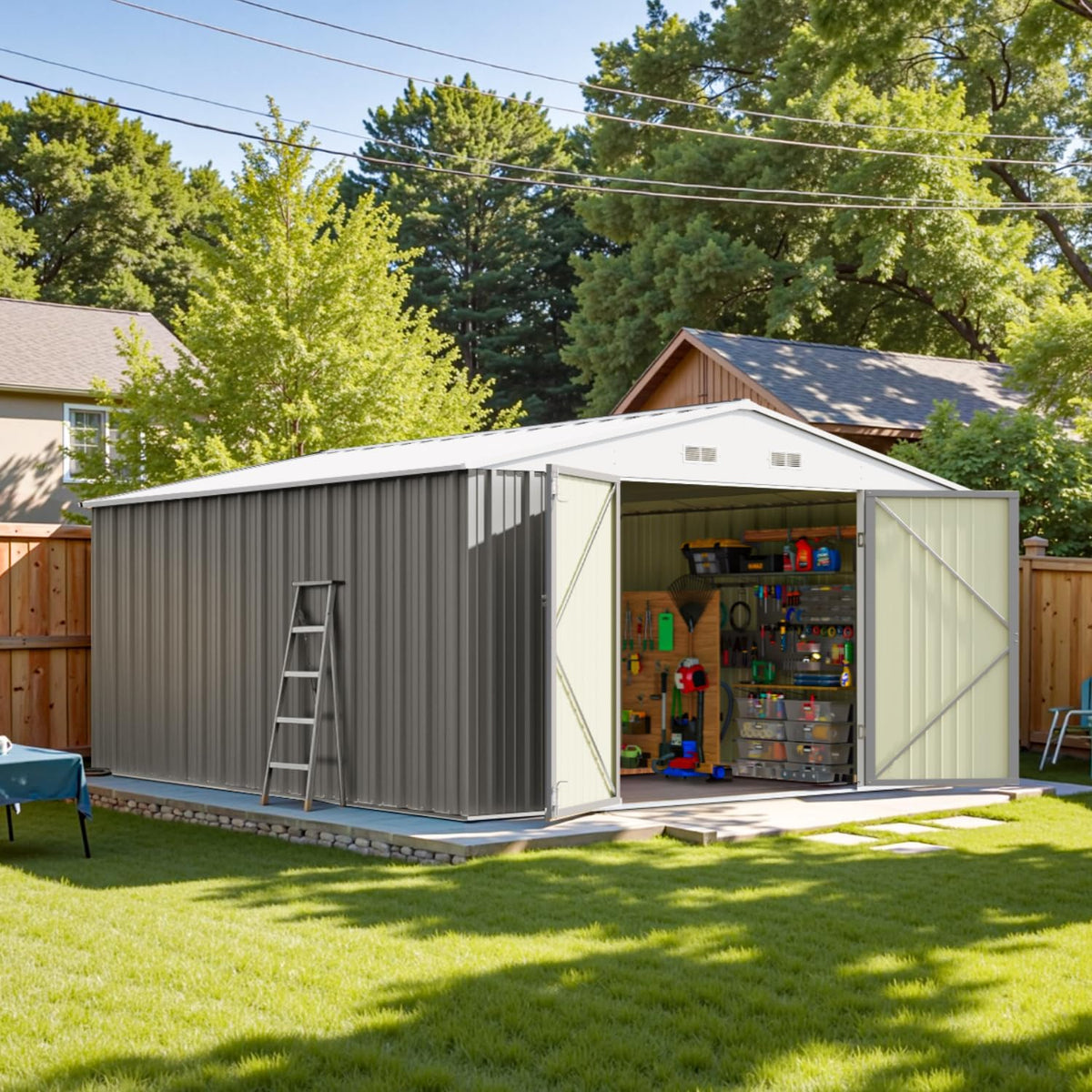 Patiowell 10 x 12 FT Metal Storage Shed for Outdoor, Steel Yard Shed with Design of Lockable Doors, Utility and Tool Storage for Garden, Backyard, Patio, Outside use, Gray