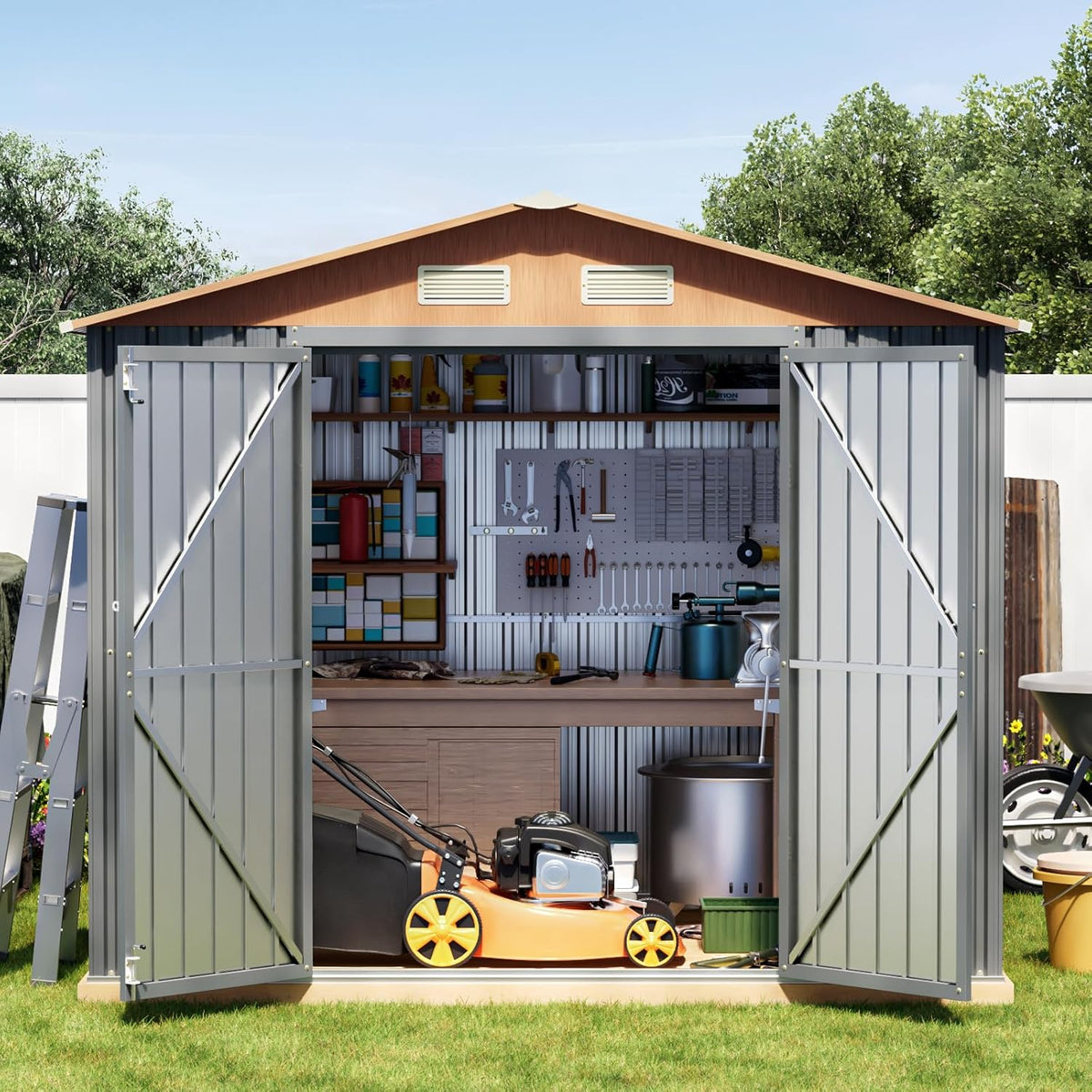 6x8FT Metal Shed & Outdoor Storage Shed with Floor Frame,Steel Tool Multi-Used Shed with Vents,Lockable Doors,Window,Compact Tool Shed for Backyard, Patio, Lawn and Garden Various Storage(Matte Gray)