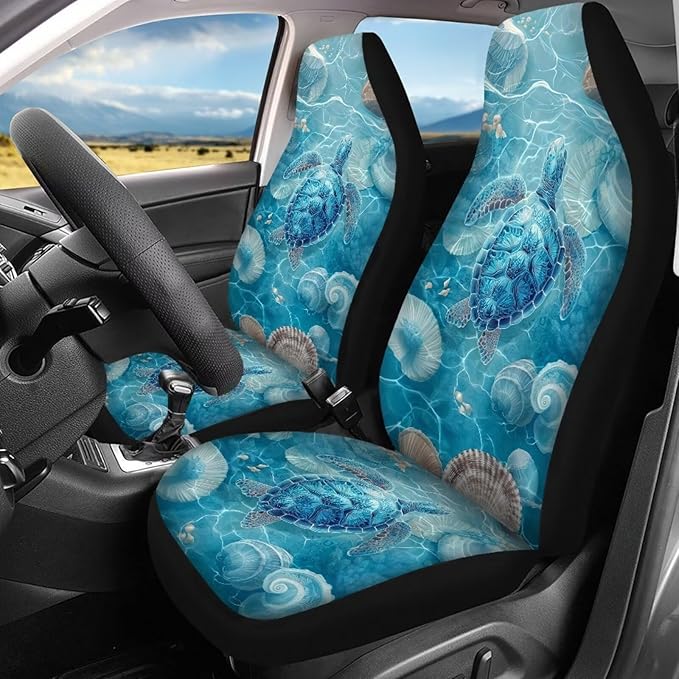 KEIAHUAN Blue Sea Turtle Front and Back Car Seat Covers Front Saddle Blanket Rear Split Bench Protection Cover Soft and Breathable Automotive Accessories Universal Fits Sedan Truck SUV