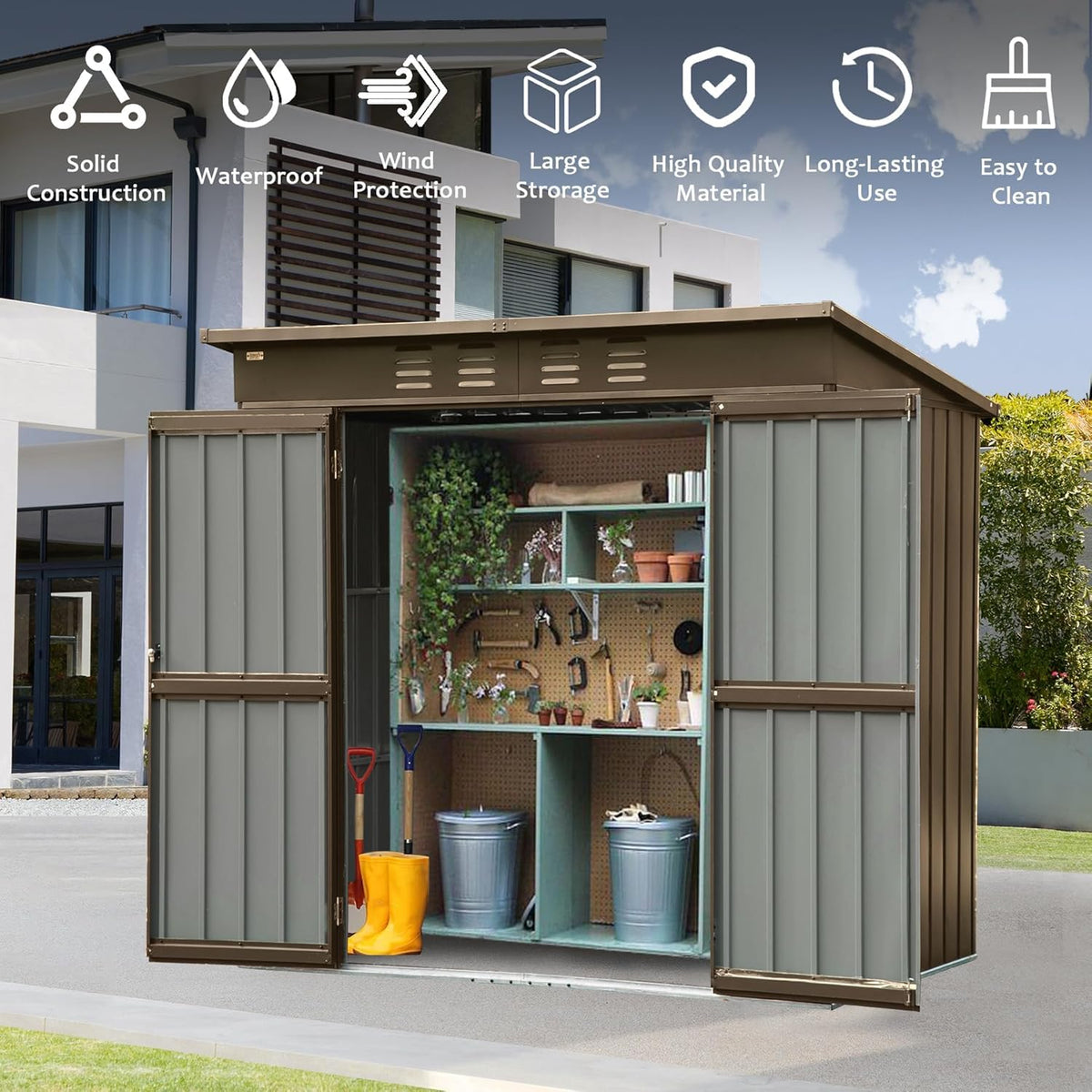 IKERY Metal Storage Shed 6' x 4' with Double Lockable Doors - Garden & Backyard Tool Shed for Bikes, Weather-Resistant - Dark Gray