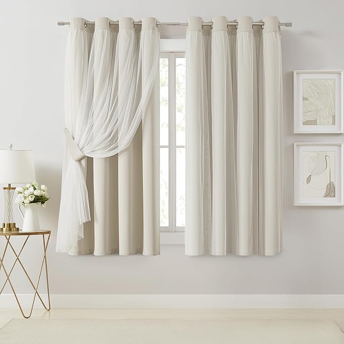 Bujasso Beige 80% Blackout Curtains with Sheer Overlay Mix and Match Double Layer Thermal Insulated Window Panels 63 inch for Living Room Bedroom Beige Drapes with Tiebacks Grommet Top 54" Wx63 Lx2