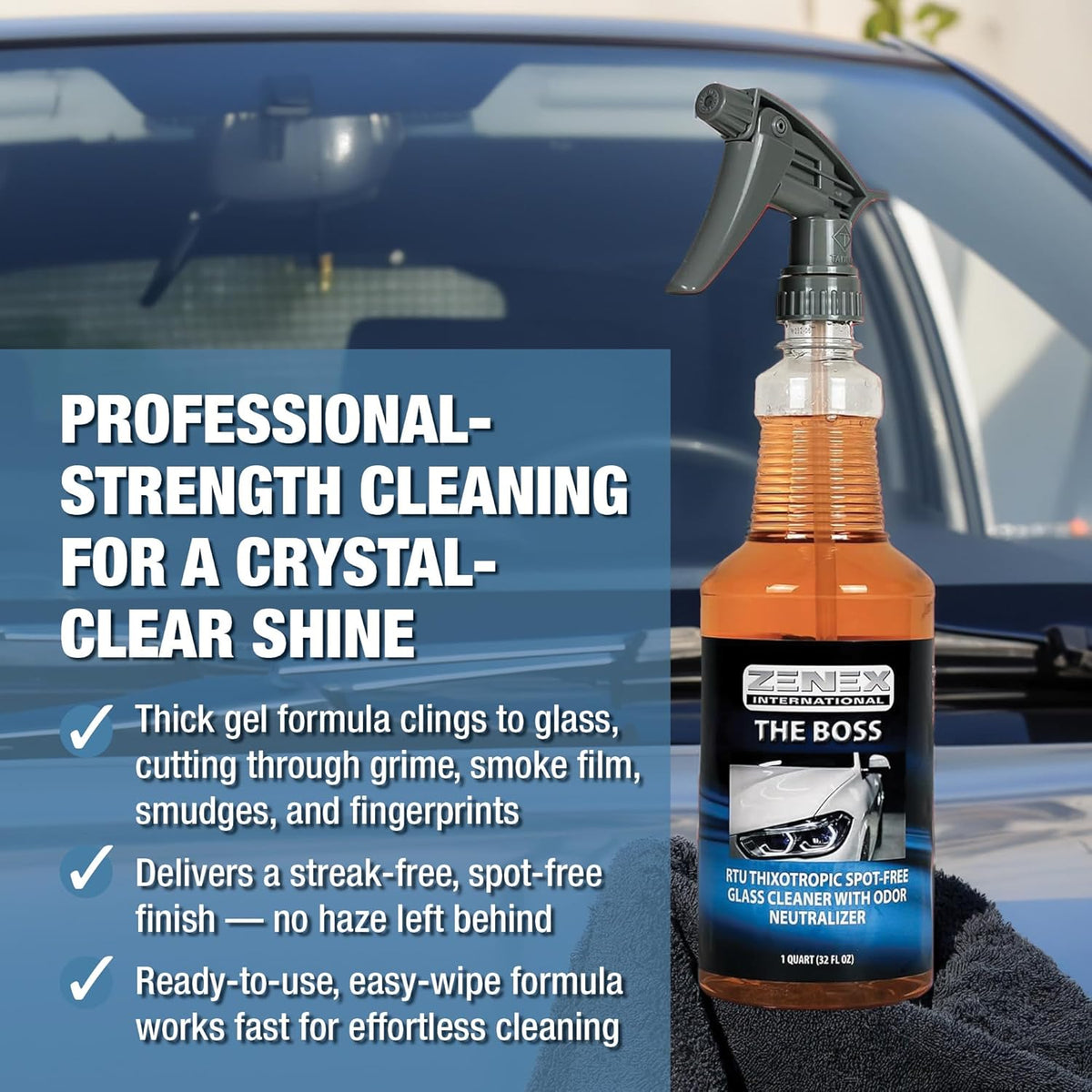 Zenex The Boss Glass Cleaner - Professional-grade Glass Cleaner | Removes Grime from Glass Surfaces - Mirrors, Windows, & More | Not For Tinted Glass | Spot-Free, Streak-Free Finish | 32 oz (2 Pack)