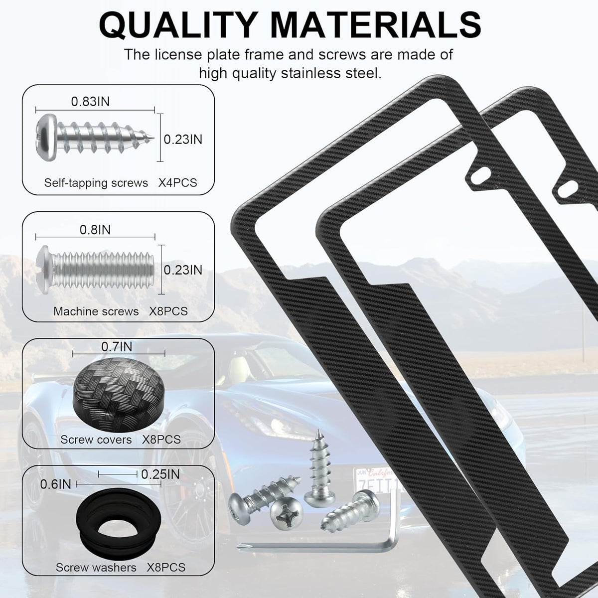 LivTee Carbon Fiber License Plate Frames, 2 Holes Stainless Steel License Plate Covers, 2PCS Car License Plate Holder, Slim Design with Gasket Cover for US Cars, Automotive Exterior Accessories