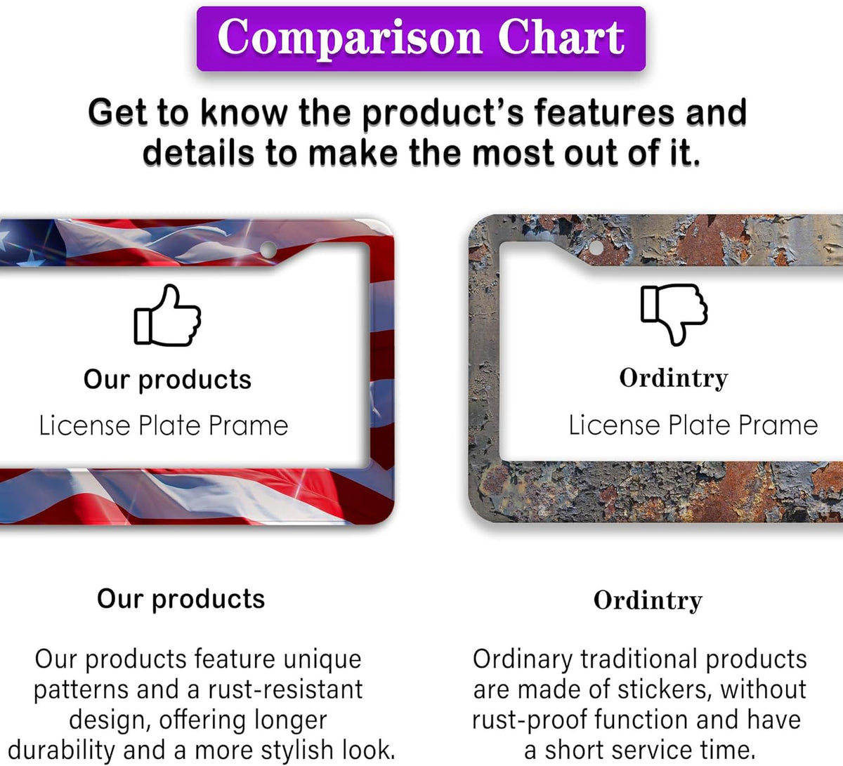 License Plate Frames for Men Multicolor Car Plate Frame for Women American Flag Aluminum Metal Car Accessory 2 Pack with Screw Covers Set