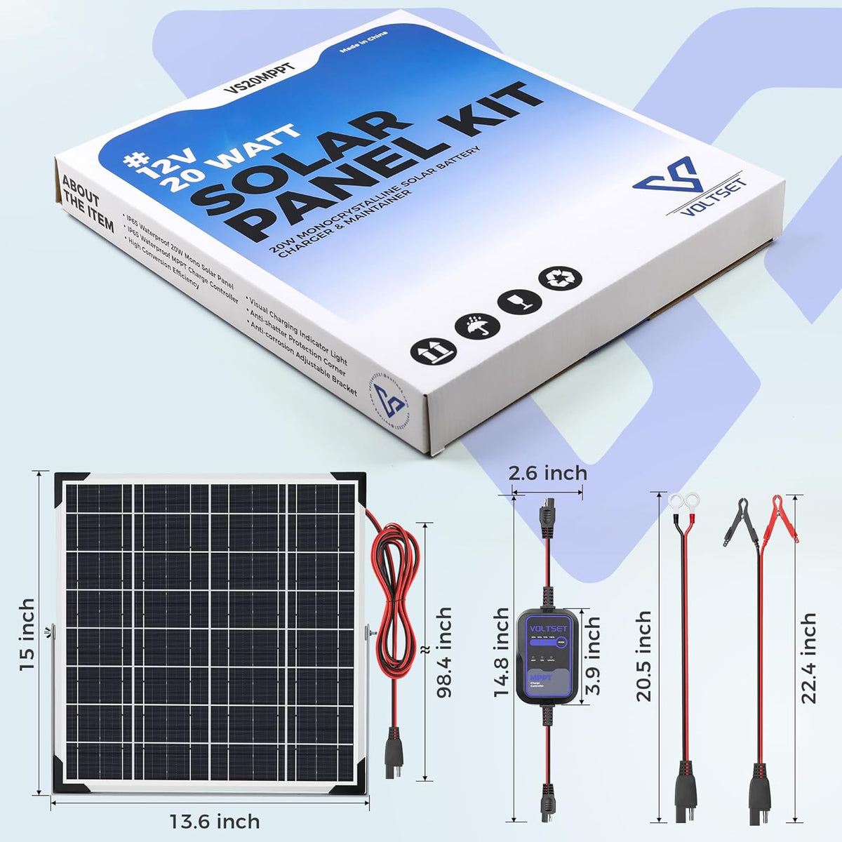 Solar Panel Kit 20W 12V with MPPT Controller, Solar Battery Trickle Charger Maintainer, Waterproof Solar Panel with Adjustable Mount Bracket for Boat RV Motorcycle Marine