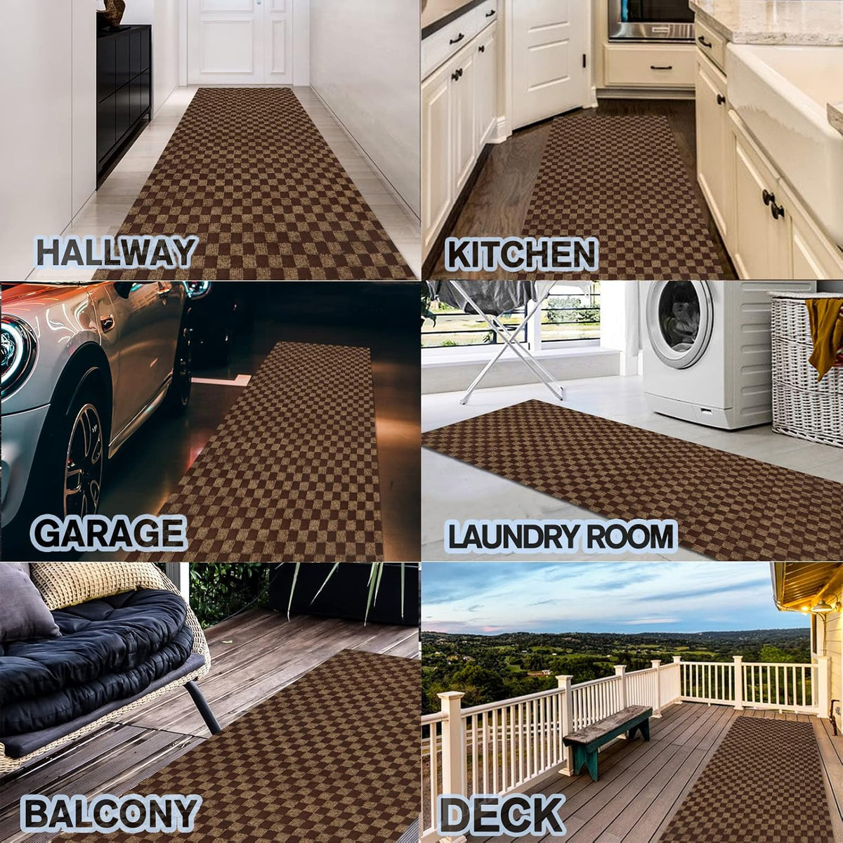 Custom Size Backed Non-Slip Area Rugs Runner, Easy Clean, Waterproof Runner Rugs for Hallway Entryway, Kitchen, Laundry, 3FT x 77FT, Brown Checkered