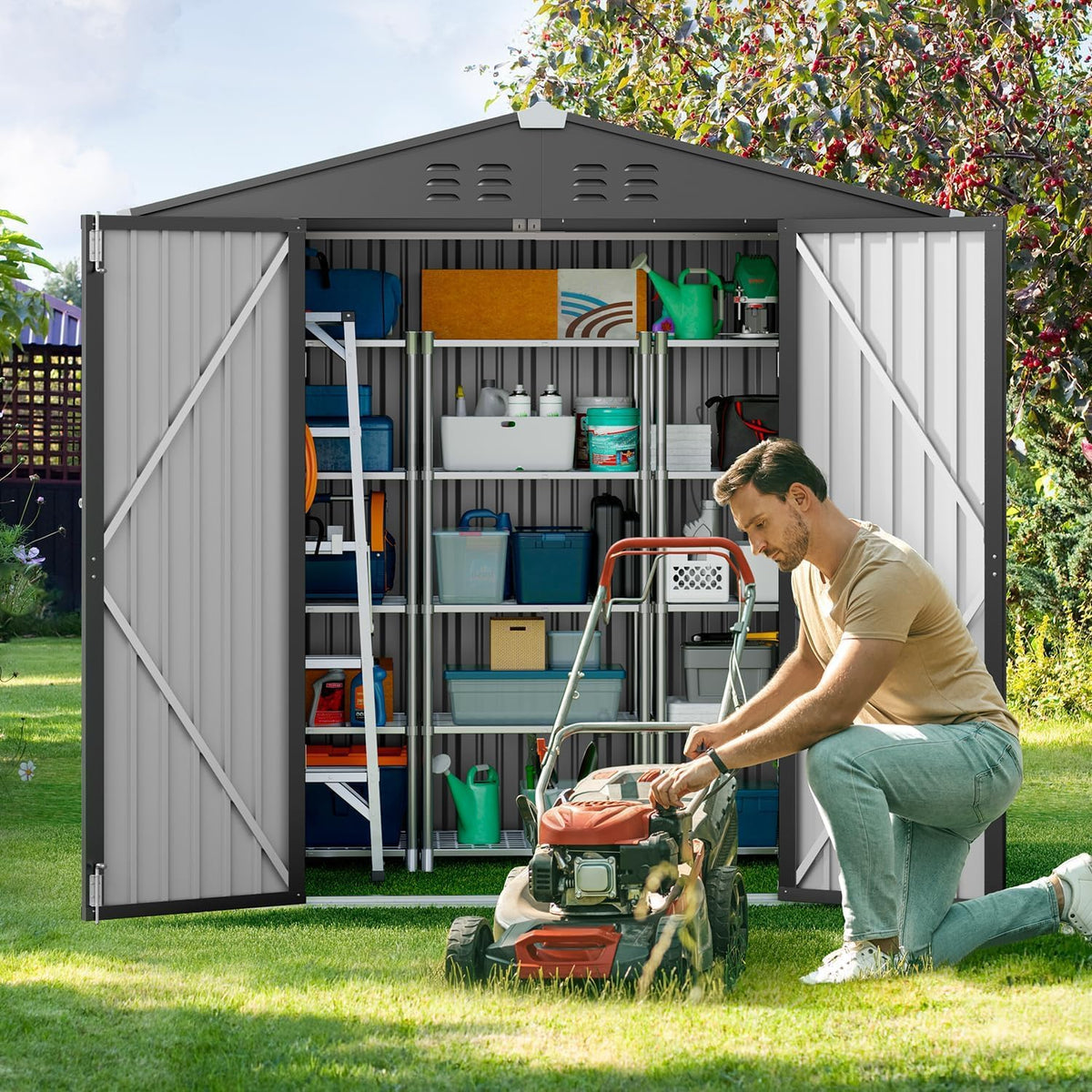 Gizoon Outdoor Storage Shed 6 x 4 FT, Galvanized Metal Garden Shed with Double Lockable Doors, Outdoor Storage Clearance for Backyard Patio Lawn-Dark Grey