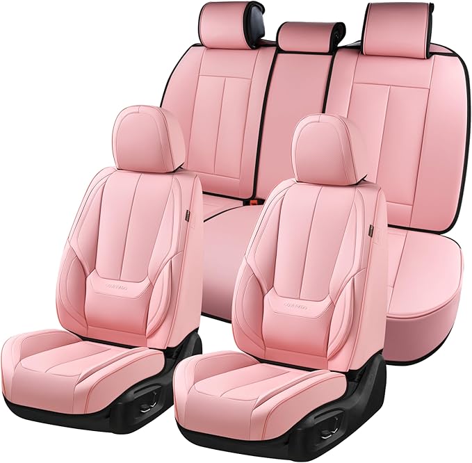 Coverado Car Seat Covers Full Set, Seat Covers for Cars, Pink Car Seat Protector Waterproof, Nappa Leather Car Seat Cushion, Car Seat Covers Front Seats and Back Fit for Most Cars