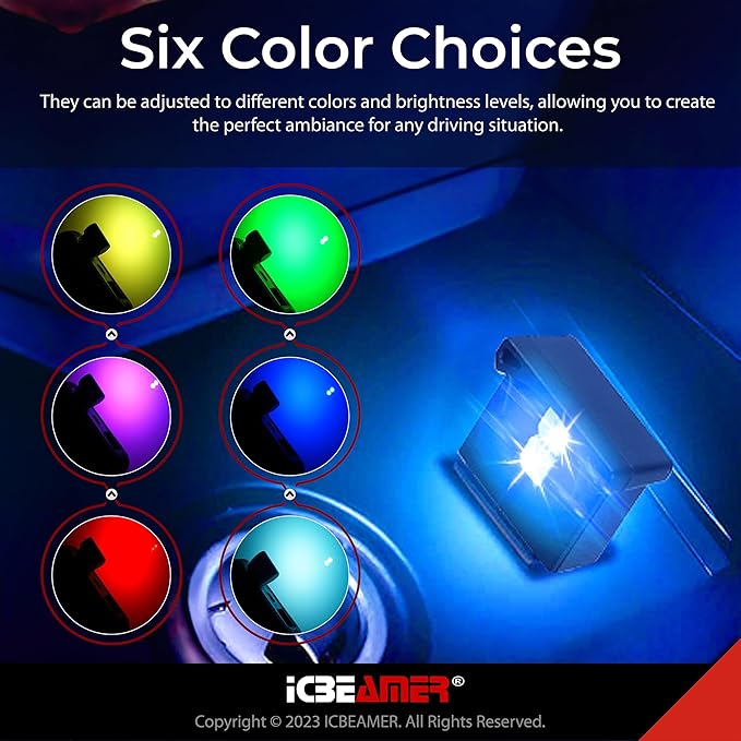 ICBEAMER Mini Smart USB Type-A 2-Pack (Red) | LED Night Light for Car Interior, Trunk, Center Console, Easy Plug-in, Enhance Automotive Ambiance, Ideal for Night Driving