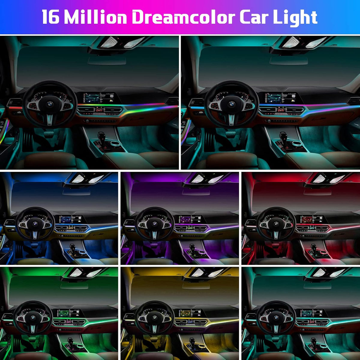 Acrylic Interior Car LED Strip Light RGB Dreamcolor 10 in1 with Wireless APP, 175 inches 593 LED 16 Million Color Fiber Optic Automotive Ambient Light Kits Music Sync Sound Activated Car Neon Lights