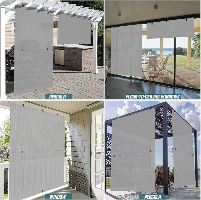 Bynbbur 5'W x 6'H Outdoor Patio Shades Foldable Roller Blinds, 220 GSM Sun Shade Roll Up Porch Screens Exterior Shade Cloth for Deck Pergola Backyard, Light Gray