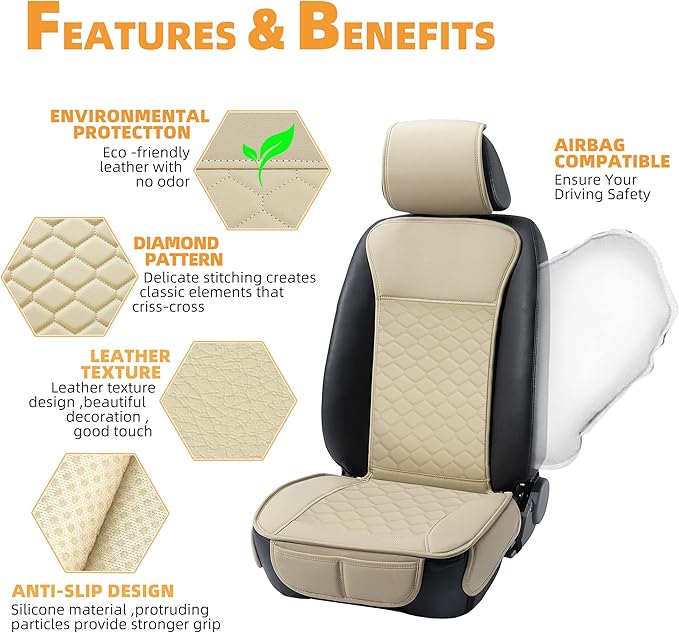 Elantrip Auto Car Seat Covers Leather Car Seat Protector for Women Airbag Compatible Diamond Pattern PU Seat Cover Universal Fitness 2PCs Beige